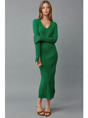 Hiccup Kadın My Fashıon V Yakalı Dokulu Uzun Triko Elbise Yeşil