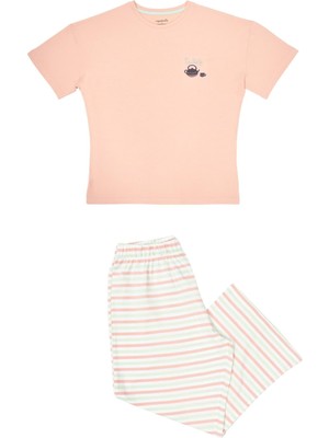 Organickid Teatime Kadın Pembe Kısa Kol Kapri Pijama Takımı