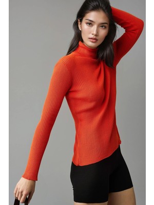 Hiccup Kadın My Fashıon Fitted Dokulu Balıkçı Yaka Kazak Balkabağı Portakalı