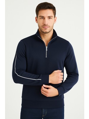 Regular Fit Yarım Fermuarlı Dik Yaka Basic Sweatshirt