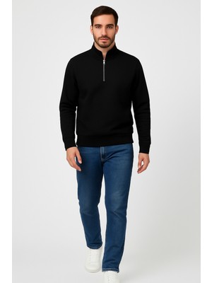 Regular Fit Yarım Fermuarlı Dik Yaka Basic Sweatshirt