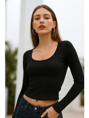 Rich Kadın Siyah Soft Touch Fitilli Uzun Kollu Bluz
