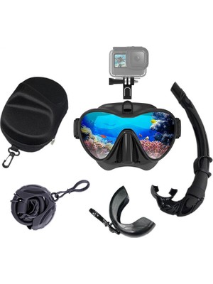 Pltech Store Dalış Maske ve Şnorkel Seti Kamera Montajlı J Tipi Silikon Siyah Gopro