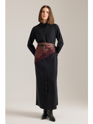 Aker Siyah Önden Düğmeli Modal Gömlek Elbise