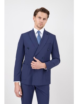 Paco Romano Erkek Slim Fit Sivri Yaka Torba Cep Yarım Astar Lacivert Kruvaze Takım Elbise