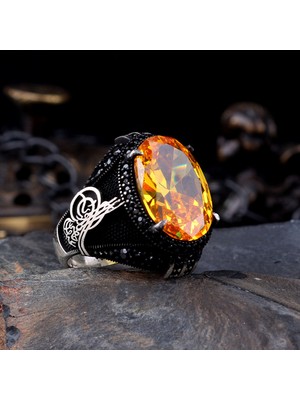 925 Ayar Gümüş Sarı Zirkon Taşlı Tuğra Model Yüzük