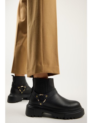 Manijero Tessa Kadın Hakiki Deri Lastikli Halka Aksesuarlı Siyah Bot