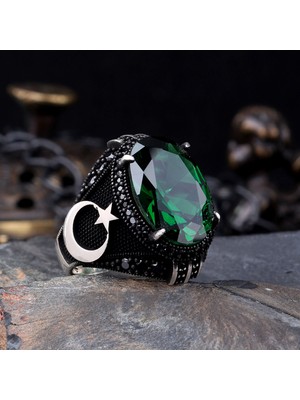 925 Ayar Gümüş Yeşil Renk Zirkon Taşlı Ayyıldız Model Yüzük