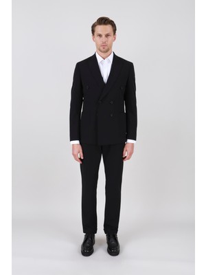 Paco Romano Erkek Slim Fit Sivri Yaka Torba Cep Yarım Astar Siyah Kruvaze Takım Elbise