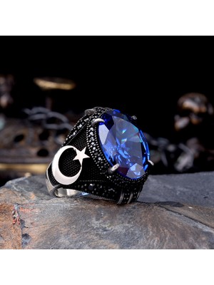 925 Ayar Gümüş Mavi Renk Zirkon Taşlı Ayyıldız Model Yüzük