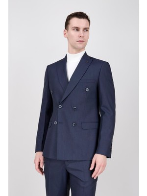 Paco Romano Erkek Slim Fit Sivri Yaka Lacivert Kruvaze Takım Elbise