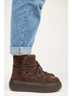 Manijero Haven Kadın Hakiki Deri Bağcıklı Içi Kürklü Kahve Bot