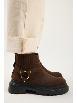 Manijero Tessa Kadın Hakiki Deri Lastikli Halka Aksesuarlı Kahve Bot