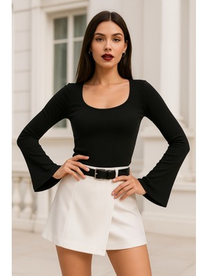 Rich Kadın Siyah Soft Touch Fitilli Çan Kollu Bluz