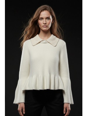Studio Fashion 1988 Kadın Krem Peplum Yumoş Triko Kazak