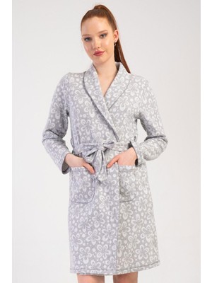 Vienetta Kadın Büyük Beden Jakarlı Şal Yaka Uzun Kol Gri Renk Desenli Sabahlık C0T2N0105