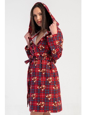 Vienetta Kadın Pamuklu Kapüşonlu Uzun Kollu Ekose Desenli Ayıcık Baskılı Sabahlık - %100 Pamuk C0T2N3305