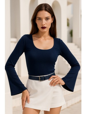 Rich Kadın Lacivert Soft Touch Fitilli Çan Kollu Bluz
