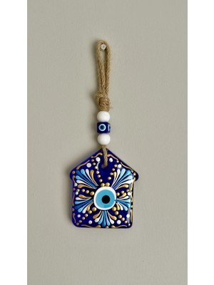 Rakun Home Ev Figürlü El Boyaması Cam Nazar Boncuğu | Jüt Ipli Duvar Süsü