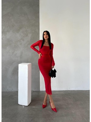 Elaxi Kadın Drapeli Sandy Astarlı Tül Uzun Elbise | Kare Yaka Uzun Kollu