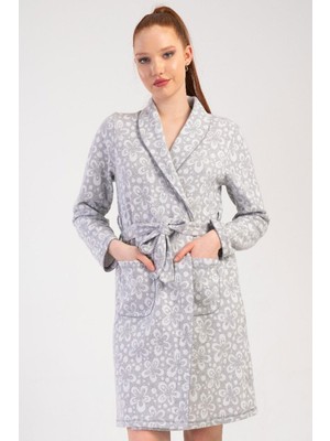 Vienetta Kadın Jakarlı Şal Yaka Uzun Kol Gri Renk Desenli Sabahlık C2T2N0105