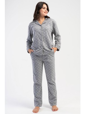 Vienetta Kadın Önden Düğmeli Uzun Kollu Puantiye Desenli Gri Renk Polar Pijama Takımı C4T4N8161