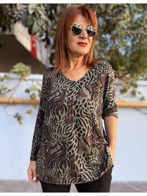 Denizege Butik Kaplan Desen Triko Haki