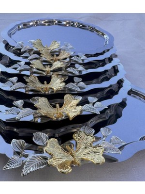 Deniz Home Collection Denizhomecollection 6 Lı Paslanmaz Çelik Oval Sunum ve Kahve Tepsisi Yaprak ve Kelebek Aksesuarlı