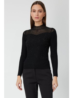 On Kadın Yakası Transparan Taşlı Triko Kazak 60340 Siyah