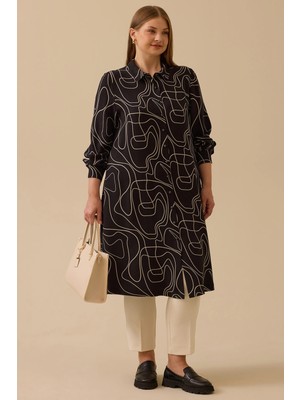Galaxi Kadın Büyük Beden Desenli Uzun Tunik 4006 Siyah