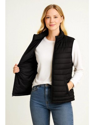 Rawea Fashion Kadın Şişme Fermuarlı Yelek Su Itici Kapitone Astarlı Kumaş Cepli Hafif Kışlık Spor Rahat Kalıp - Siyah