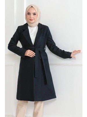 Rawea Fashion Kadın Kaşe Kaban – Uzun Boy Kruvaze Yaka, Kuşaklı Tesettür Kışlık Kaban, Astarlı Şık Yünlü Dokuma Oversize Rahat Kalıp, Cepli Modern Kaşe Mont Modeli - Lacivert