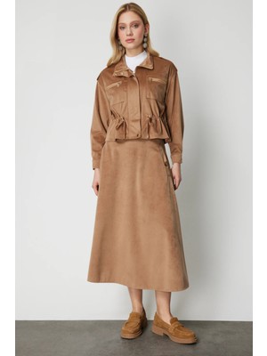 On Kadın Cebi Metal Aksesuarlı Midi Boy Etek 66533 Camel