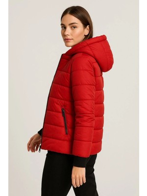 Alfanora Kadın Şişme Kapüşonlu Fermuarlı Mont Su Itici Kapitone Astarlı Kumaş Cepli Kışlık Rahat Kalıp - Kırmızı