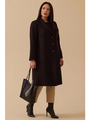 Galaxi Kadın Büyük Beden Düğmeli Kaşe Kaban 4001 Siyah