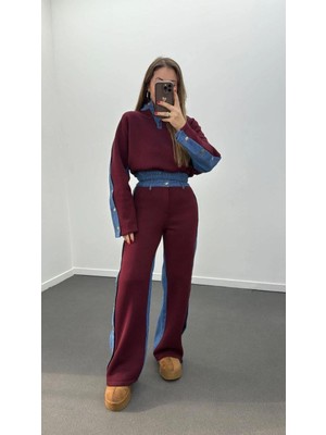 Ecenin Favorileri Yanları Düğmeli Denim Detaylı Bordo Sweat Pantolon Kadın Takım