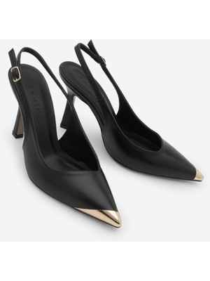 Marjin Kadın Stiletto Sivri Burun Altın Detaylı Arkası Açık Topuklu Ayakkabı Süvat Siyah