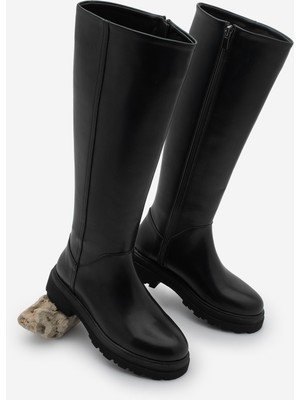 Marjin Kadın Kalın Taban Fermuarlı Günlük Çizme Boren Siyah