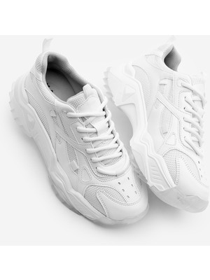 Marjin Kadın Sneaker Kalın Taban Bağcıklı Spor Ayakkabı Pizen Beyaz