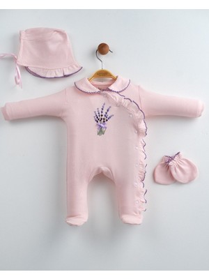 Eda Baby Lavanta Nakışlı 3'lü Fırfırlı Bebek Tulum Takımı