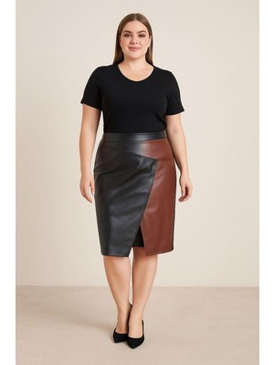 BezeXL Büyük Beden Önü Yırtmaçlı Deri Etek Siyah