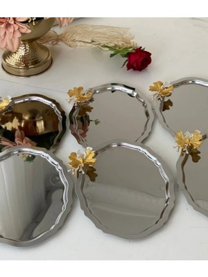 Denizhomecollection Paslanmaz Çelik Oval Model 20*25 cm Servis ve Sunum Tepsisi Kelebekli 6 Adet