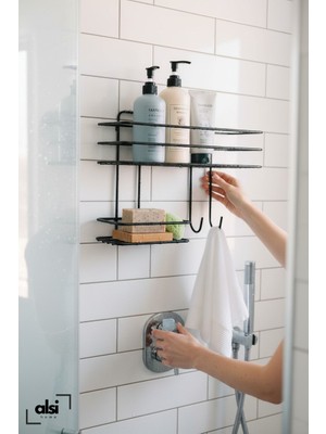 Alsi Home Siyah 1 Adet Yapışkanlı Sabunluk Bölmeli Kancalı Şampuanlık Banyo Mutfak Düzenleyici