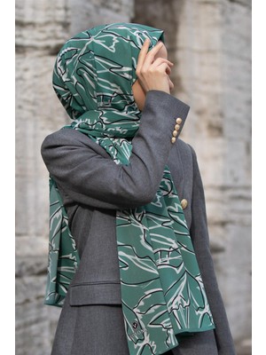 Vissona Lüks Medine Ipeği Yaprak Desenli Koyu Mint Yeşili Renkli 75X195 Kırışmaz Şal Moss Krep Dikiş Tipi Italyan Dikişli