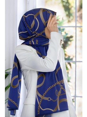 Vissona Lüks Medine Ipeği Zincirli Kemer Desenli Indigo Renkli 75X195 Kırışmaz Şal Moss Krep Dikiş Tipi Italyan Dikişli