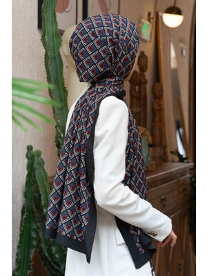 Vissona Lüks Medine Ipeği Mini Motif Desenli Indigo - Kırmızı Renkli 75X195 Kırışmaz Şal Moss Krep Dikiş Tipi Italyan Dikişli