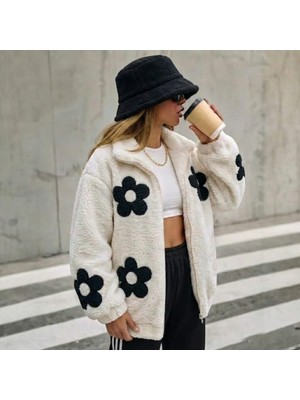 Minshe Siyah Çiçekli Peluş Mont