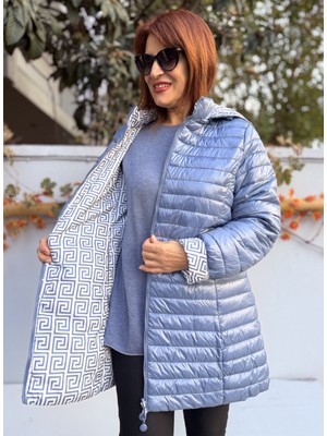 Denizege Butik Italyan Çift Taraflı Midi Mont Fendi Mavi