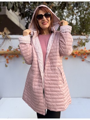 Denizege Butik Italyan Çift Taraflı Midi Mont Fendi Pudra