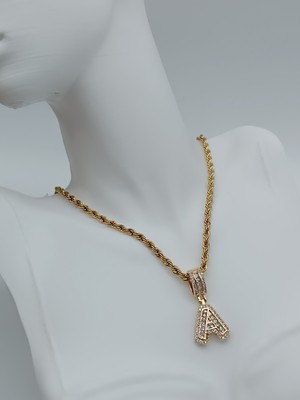 Lagül Aksesuar 316L Çelik Kararmaz Suya Dayanıklı Kalın Burgu Zincirli Gold Taşlı Harf Kolye C Harfi